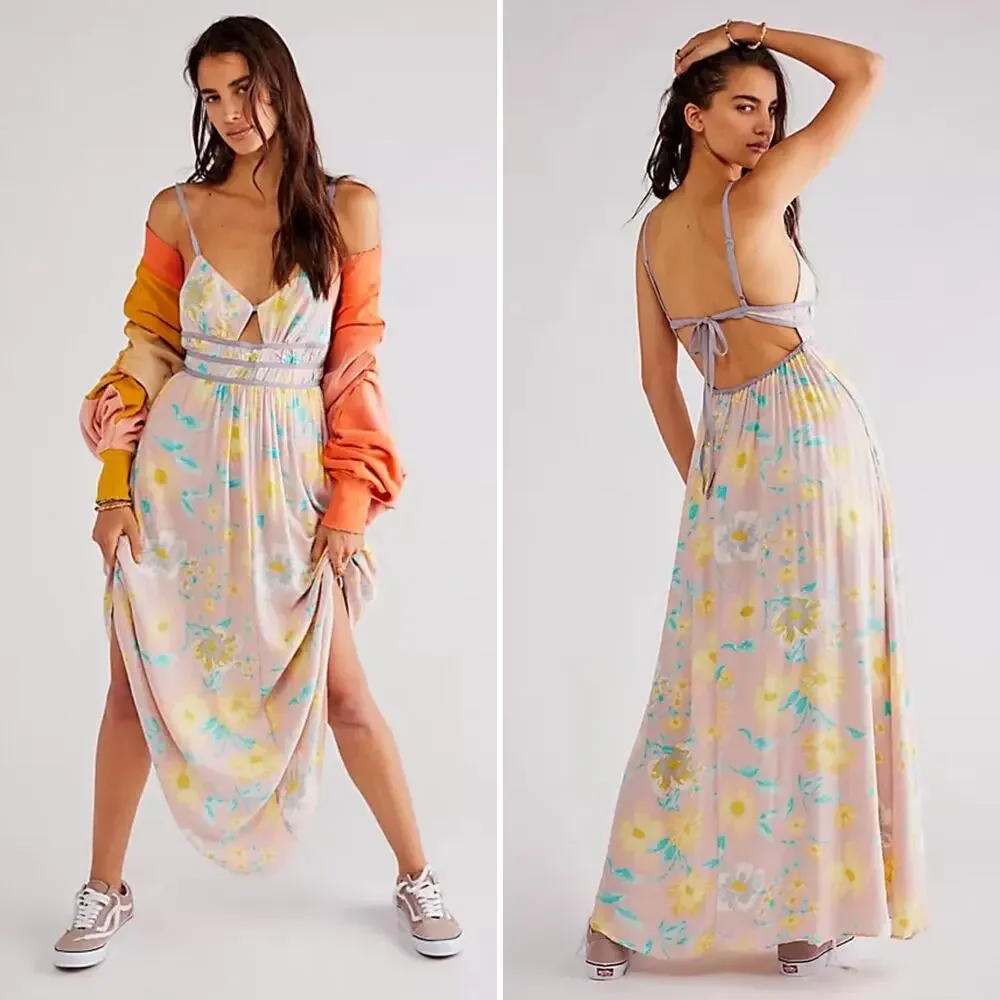 Free People Wisteria Floral In Light Combo Maxi Cut Summer Out Dress Size L - Picture 4 of 12